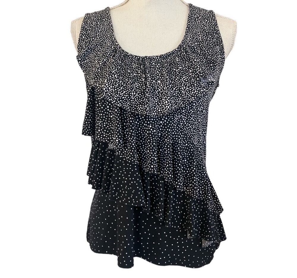 White House Black Market Black White Ruffle Polka Dot Tiered Sleeveless Blouse
